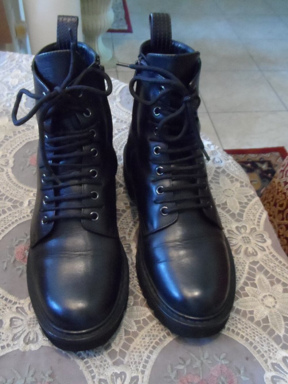 Valentino Garavani Black Leather Double Lace Combat Boots Size 39B